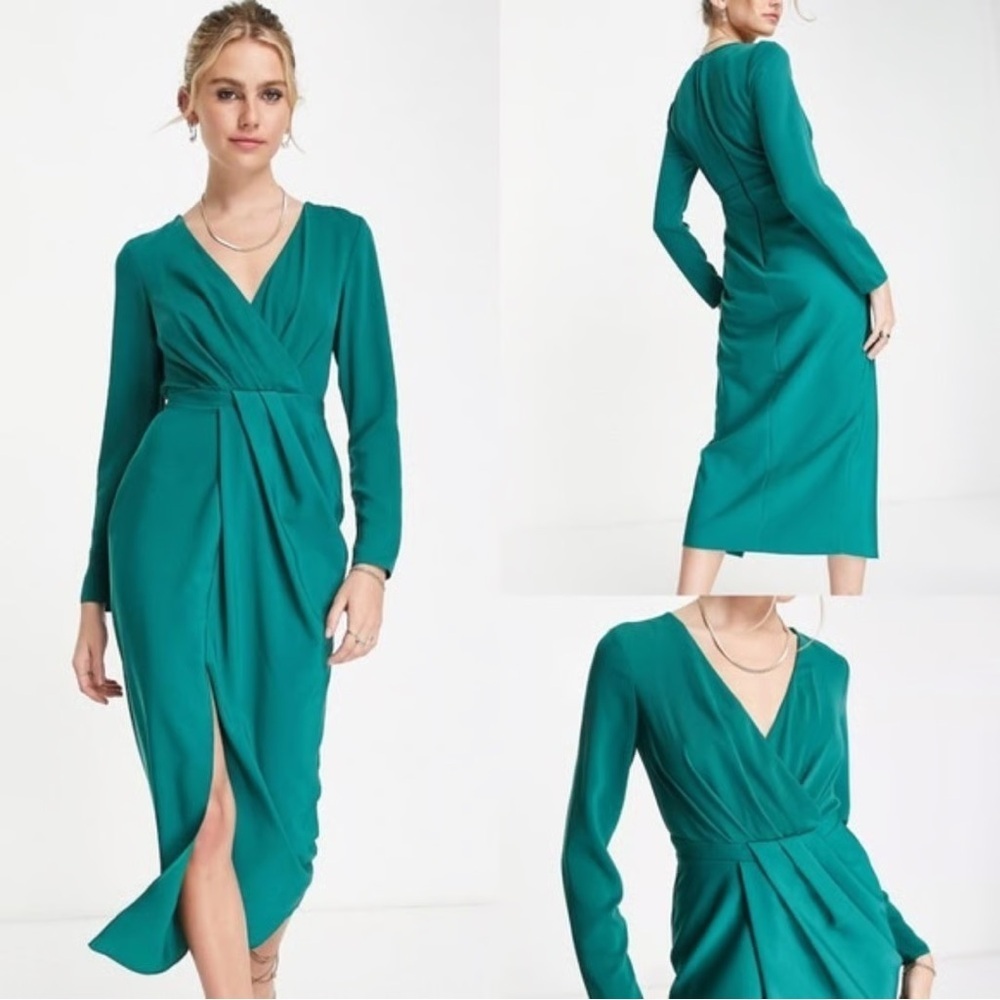 ASOS DESIGN Long Sleeve Plunge Pleat Front Midi Dress Green Sz 10 NWT
